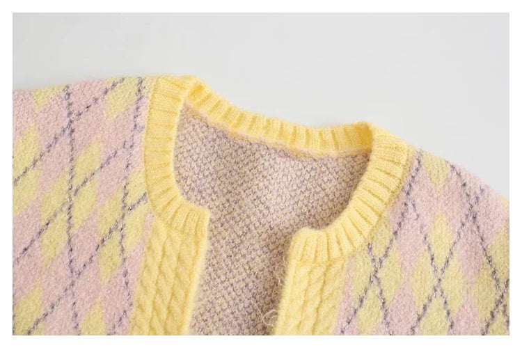 Versatile diamond check sweater cardigan jacket HZ1023