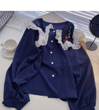 Korean girls' sense of foreign style lace doll neck top HZ1023