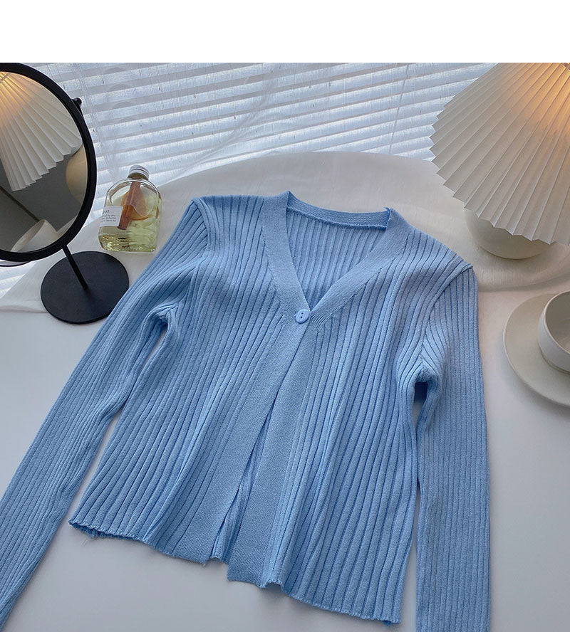 Candy V-neck one button cardigan versatile long sleeve short top HZ1023