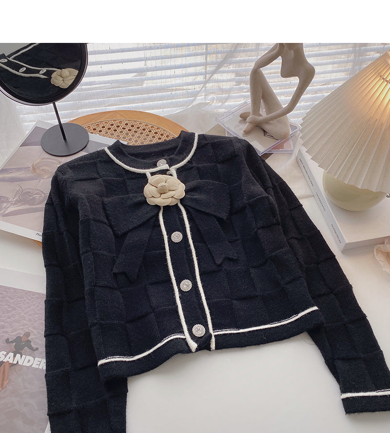 Xiaoxiang style pattern short sweater coat bow flower long sleeve top HZ1023