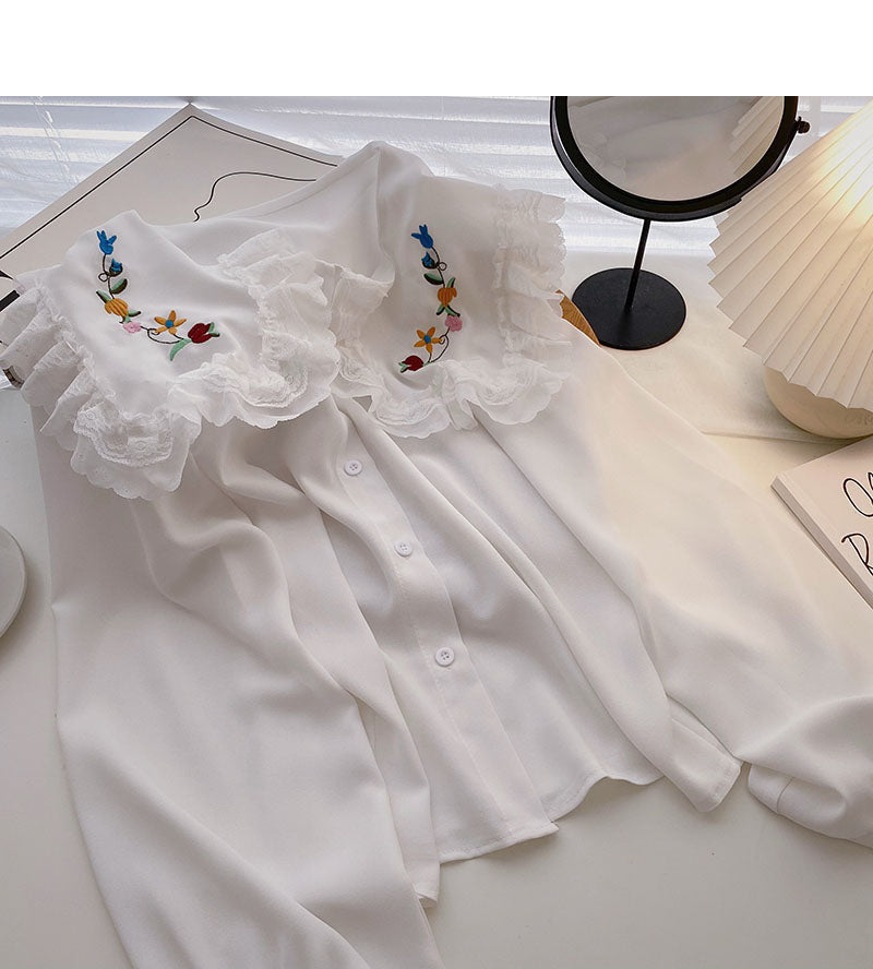 Korean girls' sense of foreign style lace doll neck top HZ1023