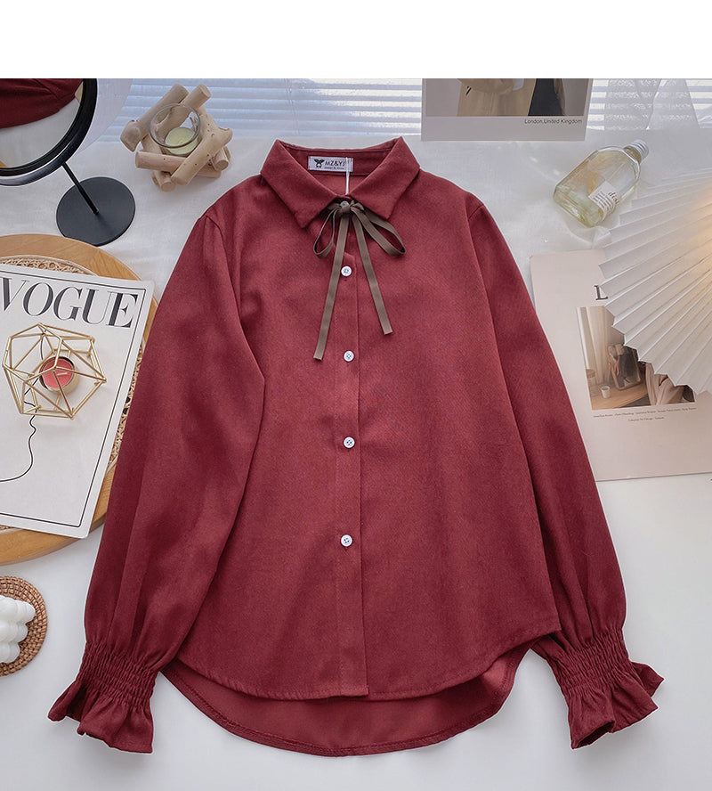 Collegiate lace up Lapel shirt casual long sleeve top HZ1023