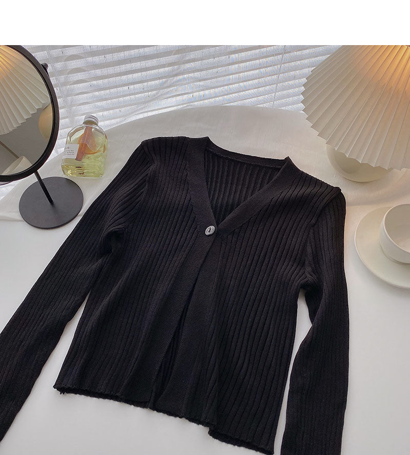 Candy V-neck one button cardigan versatile long sleeve short top HZ1023