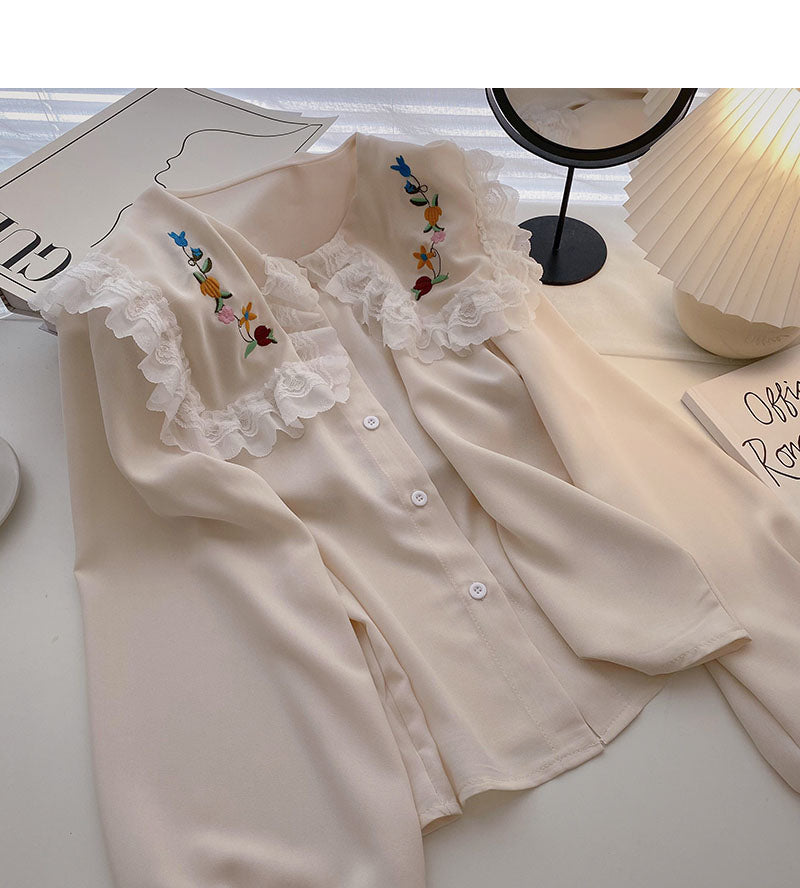 Korean girls' sense of foreign style lace doll neck top HZ1023