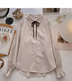 Collegiate lace up Lapel shirt casual long sleeve top HZ1023