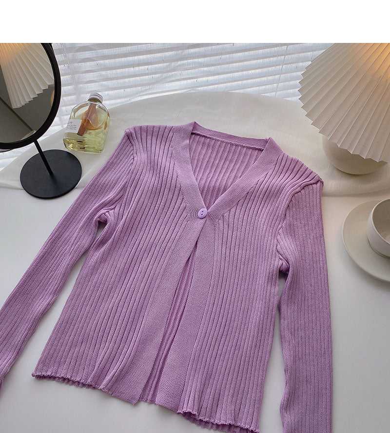 Candy V-neck one button cardigan versatile long sleeve short top HZ1023
