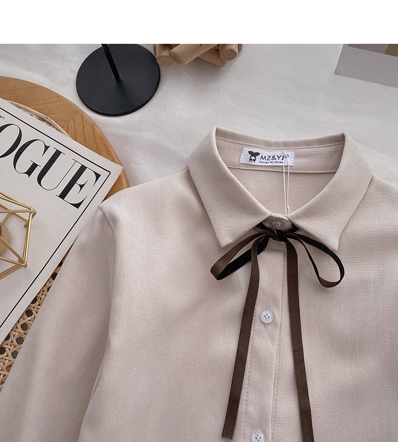 Collegiate lace up Lapel shirt casual long sleeve top HZ1023