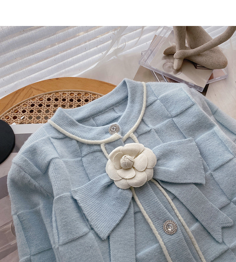 Xiaoxiang style pattern short sweater coat bow flower long sleeve top HZ1023