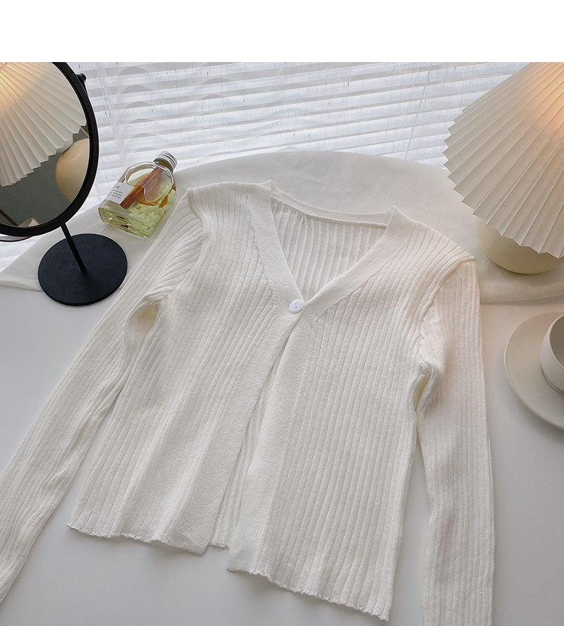 Candy V-neck one button cardigan versatile long sleeve short top HZ1023