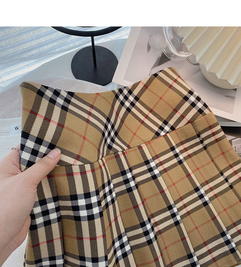Khaki pleated skirt women's high waist A-line plaid skirt HZ1023