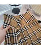 Khaki pleated skirt women's high waist A-line plaid skirt HZ1023