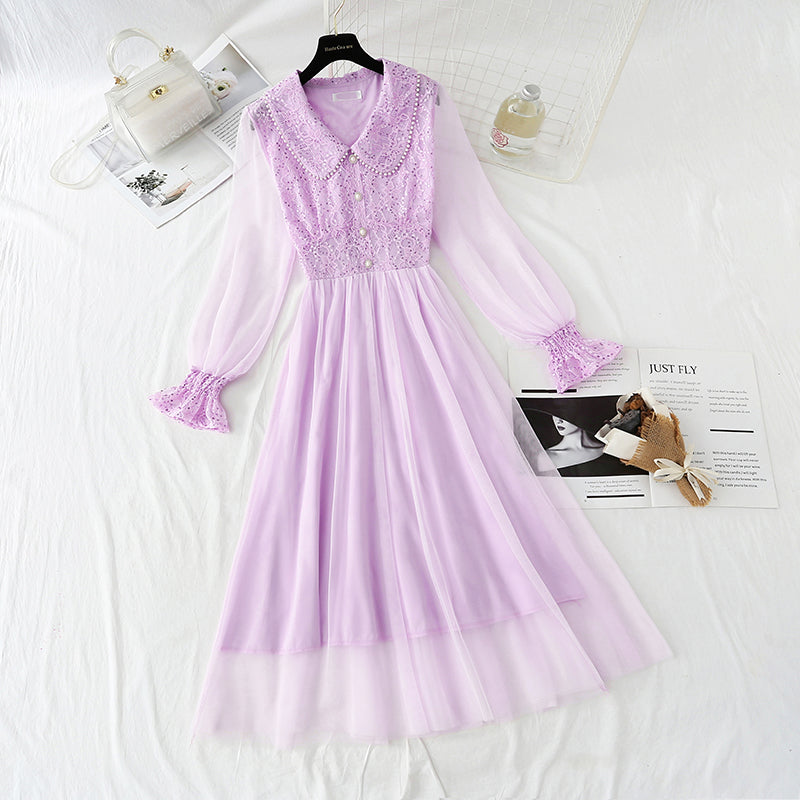 Sequin lace dress doll neck French gauze Fairy Dress HZ1023