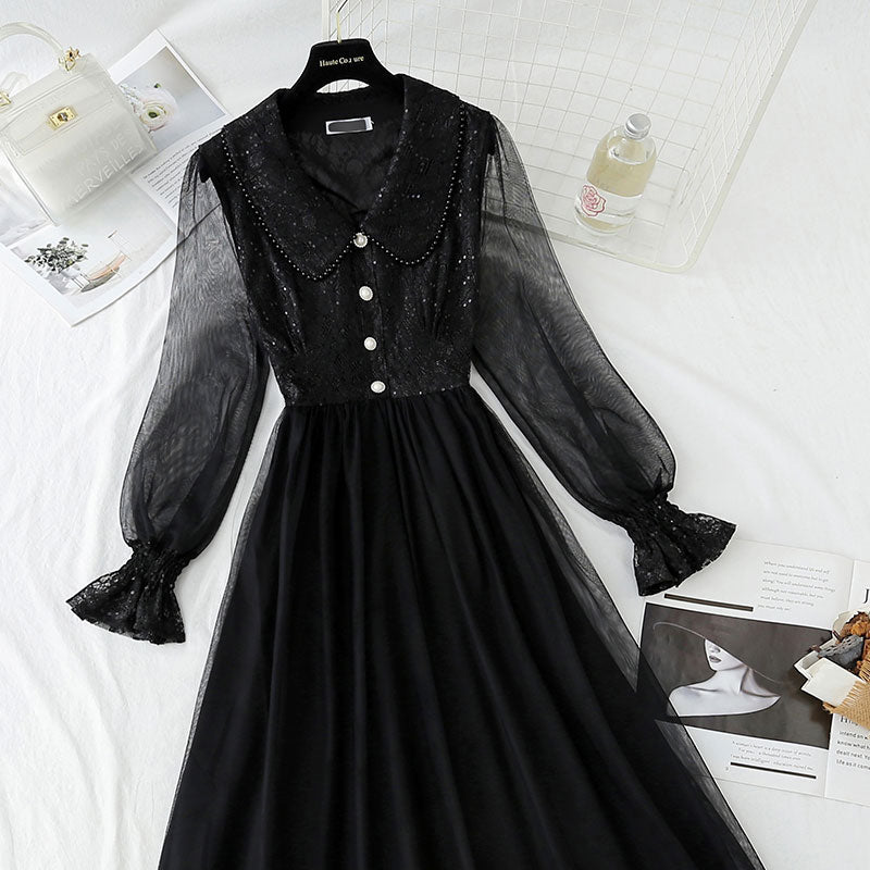Sequin lace dress doll neck French gauze Fairy Dress HZ1023