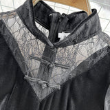 Lantern Sleeve stitched lace golden velvet cheongsam dress HZ1023