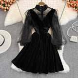 Lantern Sleeve stitched lace golden velvet cheongsam dress HZ1023