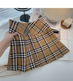 Khaki pleated skirt women's high waist A-line plaid skirt HZ1023