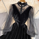 Lantern Sleeve stitched lace golden velvet cheongsam dress HZ1023