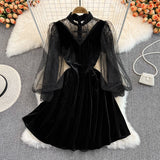 Lantern Sleeve stitched lace golden velvet cheongsam dress HZ1023