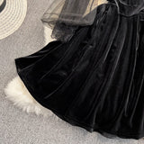 Lantern Sleeve stitched lace golden velvet cheongsam dress HZ1023