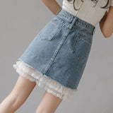 New, high-waisted denim patchwork A-line skirt, casual skirt HZ1023