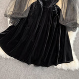 Lantern Sleeve stitched lace golden velvet cheongsam dress HZ1023