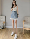 New, high-waisted denim patchwork A-line skirt, casual skirt HZ1023