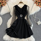 Black V Neck Short Dress A Line Fashion Dress HZ1023