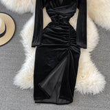 Simple V Neck Velvet Long Sleeve Dress Fashion Dress HZ1023