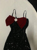 Black Shiny Burgundy Velvet Bow New Fashion Exquisite Sparkling Diamond short Sequin Homecoming Dress Birthday Party Dress Cocktail Party Dress Evening Dress Prom Dress Evening Dress HZ1023