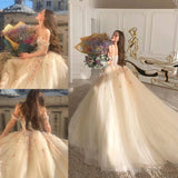 Champagne color gorgeous off shoulder exquisite lace floral applique long elegant ball gown formal evening dress prom dress HZ1023
