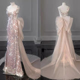 pink gorgeous sparkling pretty mermaid ball gown with detachable bow long elegant sequin formal prom dress eveng Dress Party Dress HZ1023