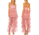 Pink fashion sweet A-line strapless long elegant layered tulle ball gown evening dress party dress HZ1023