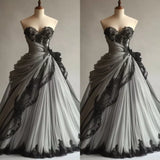 Black Gorgeous Delicate Lace Appliques Ruffled A-Line Long Tulle Ball Gown Evening Gown Wedding Dress HZ1023