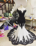 Black gorgeous exquisite lace V-neck backless long floor-length trailing satin sexy elegant ball gown evening dress wedding dress HZ1023