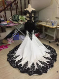 Black gorgeous exquisite lace V-neck backless long floor-length trailing satin sexy elegant ball gown evening dress wedding dress HZ1023