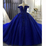 Blue Off Shoulder Lace Applique A-Line Long Ball Gown Evening Gown Bridal Gown Wedding Dress HZ1023