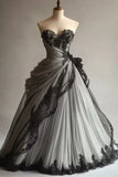 Black Gorgeous Delicate Lace Appliques Ruffled A-Line Long Tulle Ball Gown Evening Gown Wedding Dress HZ1023