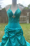 Green Gorgeous Vintage Strap Long Elegant Satin Pleated Ball Gown Evening Dress HZ1023