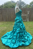 Green Gorgeous Vintage Strap Long Elegant Satin Pleated Ball Gown Evening Dress HZ1023
