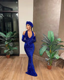 Red Shiny Pretty V Neck Long Bodycon Sexy Sequined Prom Dress Formal Evening Gown Party Dress HZ1023