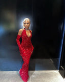 Red Shiny Pretty V Neck Long Bodycon Sexy Sequined Prom Dress Formal Evening Gown Party Dress HZ1023