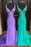 Rose Red V-neck Beading Mermaid Prom Dress with Side Slit HZ1023