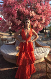 Deep V neck orange A-line long tiered ball gown evening dress HZ1023