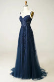 A Line Spaghetti Straps Navy Prom Dress with Appliques HZ1023