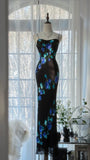 Black Romantic Elegant Delicate Blue Floral Beaded Long Chiffon Ball Gown Evening Gown Birthday Vacation Wedding Guest Party Dress Prom Gown HZ1023
