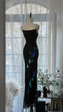 Black Romantic Elegant Delicate Blue Floral Beaded Long Chiffon Ball Gown Evening Gown Birthday Vacation Wedding Guest Party Dress Prom Gown HZ1023