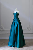 Blue Pretty Fashion Pleated A-line Off-shoulder Long Satin Princess Ball Gown Evening Dress Party Dress HZ1023