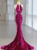 Pink Gorgeous Shiny Exquisite Beaded Halter Long Mermaid Slim Sequin Floor Length Ball Gown Evening Gown Party Dress HZ1023